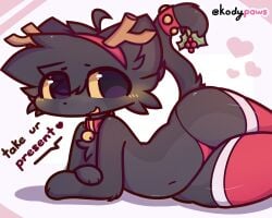 :3 anthro big_ass black_fur blush cat_ears cat_tail christmas collar cub dark_fur femboy furry kneesocks koda_(kodypaws) kodypaws long_gloves mistletoe pink_background purple_eyes text thick_thighs