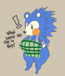 ! animal_crossing apron big_breasts breasts female fruitysnacks fur hand_on_hip hedgehog mabel_able nintendo text thick_thighs video_games wide_hips