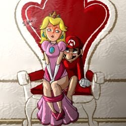 1boy 1girls big_ass big_butt blush covered_penetration cute dress female implied_sex jonathan1234 looking_back looking_pleasured male mario mario_(series) princess_peach reverse_upright_straddle riding_penis sex_under_clothes sitting_on_penis stealth_sex super_mario_bros. throne throne_room throne_sex