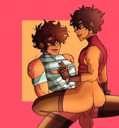 anal anal_sex ass brown_hair brown_skin chromexorannex femboy fit_male gay gay_sex jjba_oc joey_joestar male/male male_on_femboy oc original_character ourobouro sweat thighhighs yaoi