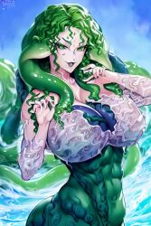 ai_generated bishoujo_senshi_sailor_moon chiga_midori corruption female fully_clothed large_breasts melting_clothes michiru_kaiou mid-transformation monsterification nai_diffusion stable_diffusion tentacle transformation