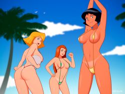 3girls alex_(totally_spies) armpits ass big_ass big_breasts bikini bikini_tan black_eyes black_hair blonde_hair blue_eyes breasts brown_eyes casual cleavage clover_(totally_spies) dark_skin female female_only green_eyes green_sling_bikini hair hand_on_hip human lips long_hair looking_at_viewer mismatched_tanlines multiple_girls open_mouth orange_hair pale_skin red_hair red_sling_bikini sam_(totally_spies) short_hair sinfulline skimpy skimpy_bikini sling_bikini smile swimwear tanline tanlines thighs totally_spies volleyball yellow_sling_bikini