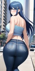 ai_generated ass blue_eyes blue_hair blush city danganronpa danganronpa:_trigger_happy_havoc hair_ornament hands_on_hips jeans large_ass large_breasts looking_at_viewer looking_back maizono_sayaka midriff n.c.b_ai nai_diffusion outdoors sideboob smile stable_diffusion tubetop