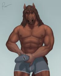 2023 abs anthro balls_outline brown_hair brown_tail bulge clothed clothing collarbone equid equine erection erection_under_clothing eyebrows fingernails front_view genital_outline genitals hair hand_on_bulge hi_res holding_bulge horse looking_at_viewer male mammal muscular muscular_anthro muscular_male nails navel nipples pecs penis penis_outline portrait rov signature simple_background solo tail teeth three-quarter_portrait tongue tongue_out topless underwear underwear_only