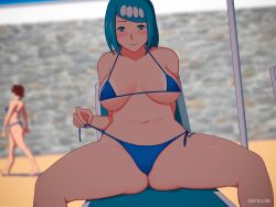 2girls background_character bikini bikini_bottom bikini_top blue_bikini blue_eyes blue_hair blue_nail_polish blue_nails blush female female_focus freckles freckles_on_face game_freak hair lana's_mother_(pokemon) legs_apart looking_at_viewer mature mature_female mature_woman milf mob_face mother multiple_girls nail_polish nails pokemon pokemon_sm sinfulline swimwear teasing thighs