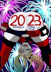 1girls artist_request ass ass_focus batman_(series) bending_over big_ass blonde_hair body_writing dat_ass dc dc_comics fat_ass female female_only fireworks harleen_quinzel harley_quinn harley_quinn_(2019) harley_quinn_(series) new_year pale-skinned_female presenting_ass shorts_down solo tongue_out wide_hips wink