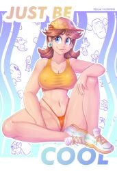 1girls artist_name batadon big_breasts blue_eyes breasts brown_hair busty cameltoe cleft_of_venus covered_erect_nipples earrings female female_only flower_earrings goomba goombo_(mario_land) hat highres honen jewelry king_totomesu large_breasts legs lips mario_(series) midriff navel nintendo princess princess_daisy riukykappa short_hair sitting smile solo super_mario_land tank_top thick_thighs thighs thong toned torion voluptuous yurarin_(mario)