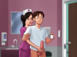 1boy 1girls 2d animated balls bathroom big_penis bottomless bottomwear braid braided_hair braided_ponytail brown_hair clothed clothing darkcookie digital_drawing_(artwork) digital_media_(artwork) duo erection female gif hand_on_penis handjob headwear huge_cock jerking light-skinned_female light-skinned_male light_skin long_hair looking_at_partner looking_down main_character_(summertime_saga) male male/female micoe_(summertime_saga) nurse nurse_cap nurse_uniform penis ponytail summertime_saga topwear