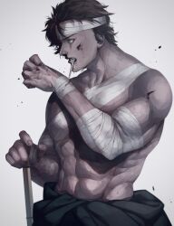 abs bandages bara blood brown_hair dark_hair gintama injury katana male male_only muscular muscular_male official_alternate_costume painting_(artwork) profile sakamoto_tatsuma samurai solo sweat sword topless topless_male veiny_muscles wamon wounded