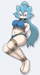 1girls arms_tied_behind_back ball_gag blue_ball_gag blue_bra blue_eyes blue_hair blue_panties bondage bra breasts clair_(pokemon) crotch_rope dankestofdans female female_only femsub gag gagged large_breasts legs_tied looking_at_viewer midriff navel nintendo panties pokemon pokemon_gsc pokemon_hgss ponytail rope rope_between_breasts rope_bondage shibari_over_clothes