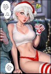 1boy 1girls aroma_sensei blue_eyes breasts christmas cleavage dialogue english_text female heart-shaped_pupils large_breasts light-skinned_female light_skin male midriff nier nier:_automata panties red_panties santa_hat short_hair striped_thighhighs tank_top thick_lips thighhighs thighs white_hair yorha_2b