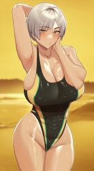 1girls 2022 arm_up armpit big_breasts blurry_background blush breasts c-kyuu cleavage collarbone competition_swimsuit eyebrows eyebrows_visible_through_hair eyelashes female green_eyes grey_hair highleg_swimsuit huge_breasts looking_at_viewer one-piece_swimsuit original original_character solo standing sunset swimsuit swimwear thick_thighs thighs water_drop wet yellow_background