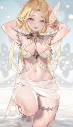 2023 alternate_costume belly_button blonde_hair cleavage elf_ears fairy feet female great_fairy great_fairy_(breath_of_the_wild) great_fairy_(cosplay) green_eyes hands_behind_head medium_breasts nintendo pointy_ears princess_zelda short_blonde_hair short_hair shuri_(84k) standing_in_water sweat tears_of_the_kingdom the_legend_of_zelda water wet wet_clothes zelda_(tears_of_the_kingdom)