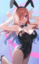 :d animal_ears armpits arms_up black_bow black_bowtie black_footwear black_leotard blue_background blue_eyes blue_hair blush bow bowtie brown_hair bunny_pose bunnysuit covered_navel detached_collar eyes_visible_through_hair fake_animal_ears fake_tail female fishnet_pantyhose fishnets go-toubun_no_hanayome gomashiwo_o gradient_background gradient_hair hair_over_one_eye hairband high_heels highres leotard multicolored_hair nakano_miku open_mouth pantyhose playboy_bunny rabbit_ears rabbit_tail smile solo strapless strapless_leotard tail traditional_bowtie wrist_cuffs