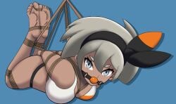 1girls arms_tied_behind_back ball_gag bea_(pokemon) black_panties blue_eyes bondage bra breasts dankestofdans female female_only femsub gag gagged grey_hair hairband hogtie large_breasts legs_tied looking_at_viewer nintendo orange_ball_gag panties pokemon pokemon_ss rope rope_between_breasts rope_bondage shibari_over_clothes short_hair suspension suspension_bondage white_bra