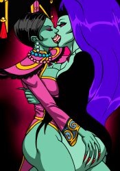 2girls ai_shen big_ass big_breasts black_hair black_puddle_queen chinese chinese_clothes cleavage courage_the_cowardly_dog evil_empress eyes_closed female female_only french_kiss green_lips green_skin jewelry kaywest long_fingernails long_hair makeup multiple_girls necklace pink_eyes purple_eyeshadow red_lipstick sharp_fingernails symmetrical_docking thick thick_thighs yuri