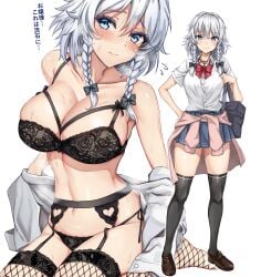 1girls amagi_(amagi626) black_bra black_panties blue_eyes blue_skirt bra breasts fishnet_thighhighs fishnets garter_belt garter_straps hairbow lace lace_bra lace_lingerie lace_panties large_breasts lingerie looking_at_viewer midriff navel panties panties_over_garter_belt pink_sweater sakuya_izayoi school_bag school_uniform shirt shirt_removed shoes shoulder_bag side-tie_panties skirt sweater sweater_around_waist sweating thighhighs touhou twin_braids white_hair white_shirt