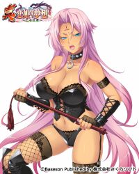 1girls armlet bibyo black_corset black_panties blue_eyes boots breasts chinese_girl collar corset dominatrix fingerless_gloves fishnet_thighhighs fishnets forehead_tattoo garter_straps gloves holding_whip koihime†_(series) koihime_musou large_breasts latex_corset latex_panties long_hair looking_at_viewer midriff navel panties pink_eyebrows pink_hair riding_crop shin_koihime_musou sonken_bundai tattoo thighhigh_boots whip