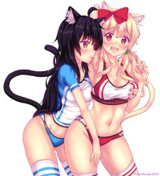 2girls betsy black_hair blonde_hair blue_panties blue_shirt bow_in_hair bra breasts cat_ears cat_tail catgirl female female_only hair_bobbles hairbow hand_on_breast large_breasts licking licking_armpit long_hair midriff multicolored_shirt multiple_girls naala_(tiffynyaa) navel original panties red_bra red_panties shirt sports_bikini sports_bra thighhighs tiffynyaa track_uniform twintails white_shirt yellow_eyes yuri