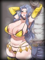 1boy 1girls absurdres areola_slip armpit_hair big_breasts blue_hair boobs breasts busty curvaceous curvy curvy_body curvy_female curvy_figure elite_four female female_pubic_hair game_freak hairy_armpits highres huge_breasts karen_(pokemon) large_areolae large_breasts long_hair male nintendo pokemon pokemon_(game) pokemon_hgss pubic_hair pubic_hair_peek smile voluptuous wide_hips yonyon_(yotayota_honpo)