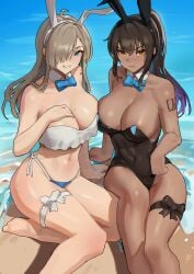 2girls absurdres animal_ears arm_support asuna_(blue_archive) asuna_(bunny)_(blue_archive) bare_legs bare_shoulders beach black_hair black_leotard blue_archive blue_bow blue_bowtie blue_eyes bow bowtie breasts bunny_ears cleavage dark-skinned_female dark_skin detached_collar fake_animal_ears gradient_hair hair_over_one_eye hartman_hips highleg highleg_leotard highres hips hourglass_figure karin_(blue_archive) karin_(bunny)_(blue_archive) large_breasts leotard light_brown_hair long_hair looking_at_viewer mole mole_on_breast multicolored_hair multiple_girls number_tattoo playboy_bunny sand shikube shore shoulder_tattoo strapless strapless_leotard tattoo thick_thighs thighs thunder_thighs thunderthighs traditional_bowtie water wide_hips yellow_eyes