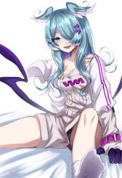 black_panties blue_hair cleavage dragon_girl elira_pendora feet fully_clothed glove hair_over_one_eye head_wings librarygrey nijisanji nijisanji_en overalls panties panty_peek sitting_on_bed sitting_on_person sleeves_past_wrists socks sweater upshorts virtual_youtuber wings