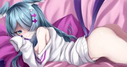 ass ass_up blue_hair bottomless dragon_girl elira_pendora hair_over_one_eye head_wings librarygrey lying_on_bed lying_on_stomach nijisanji nijisanji_en sleeves_past_wrists smile sweater virtual_youtuber wings