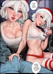1boy 1girls aroma_sensei blue_eyes breasts christmas cleavage dialogue english_text erection erection_under_clothes female heart-shaped_pupils large_breasts large_penis light-skinned_female light_skin male midriff nier nier:_automata panties penis red_panties santa_hat short_hair striped_thighhighs tank_top thick_lips thighhighs thighs white_hair yorha_2b