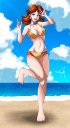 1girls beach big_breasts bikini blue_eyes breasts brown_hair busty cleavage feet female female_only highres large_breasts legs looking_at_viewer mario_(series) navel nintendo ocean open_mouth princess_daisy short_hair smile solo sonicheroxd swimsuit thighs water yellow_bikini