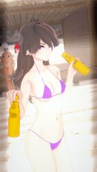 3d 3d_(artwork) alternate_version_available beach bikini bikini_bottom bikini_top brown_hair closed_mouth clothing ear_piercing eyebrows_visible_through_hair holding_object jaiden jaiden_(vtuber) jaiden_animations koidragoon koikatsu light-skinned_female light_skin long_hair navel purple_eyes smile tagme virtual_youtuber