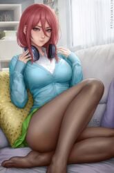 1girls 2021 barefoot big_breasts black_legwear black_pantyhose blue_eyes blush breasts clothed cute embarrassed feet_in_stockings female female_only go-toubun_no_hanayome green_skirt hair_between_eyes hands_on_shoulders headphones headphones_around_neck highres indoors jacket legs legwear light-skinned_female light_skin lips looking_at_viewer medium_hair nakano_miku nose on_sofa pantyhose pillow pout pouting red_hair school_uniform sciamano240 shirt sitting skirt solo thick_thighs thighs uniform white_shirt window