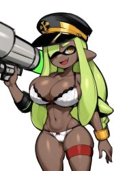 ai_generated bazooka big_breasts captain_hat dark-skin dark-skinned_female fang green_hair hair_over_one_eye hat huge_breasts inkling inkling_girl legband long_hair melanin nai_diffusion splatoon stable_diffusion telescope thick_thighs white_bra white_panties wide_hips yellow_bracelet yellow_eyes