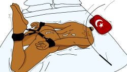 1girls bed bondage bubble_butt completely_nude countryhumans countryhumans_girl cuffs cum cum_on_body cumshot dark-skinned_female dark_skin female_only flawsystyle medical_bumblebee_73 middle_eastern naked restrained three_fingers turkey_(countryhumans) whipping