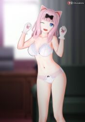 3d almost_naked blink blurry_background bow_tie bowtie cat_costume cat_ears catgirl fujiwara_chika high_resolution highres kaguya-sama_wa_kokurasetai_~tensai-tachi_no_renai_zunousen~ looking_at_viewer looking_pleasured open_mouth otsukira smile solo tagme