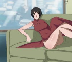 1girls agung911 arm_support bare_legs bare_shoulders bare_thighs black_eyes black_hair boruto:_naruto_next_generations breasts couch crossed_legs dress female female_only fully_clothed indoors kurotsuchi long_dress looking_at_viewer lying_on_back lying_on_couch mature mature_female naruto naruto_(series) no_panties no_underwear pelvic_curtain short_hair single_sleeve sitting solo solo_focus thick_thighs wide_hips window