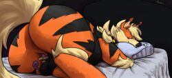 anthro arcanine ass balls bed bedroom_eyes belly big_belly big_butt blush breath canid duo feral fur furniture generation_1_pokemon genitals hi_res laying_on_balls looking_back looking_pleasured lying macro male male_only mammal murid murine narrowed_eyes nintendo on_bed on_side orange_body orange_fur pokemon pokemon_(species) raised_tail raster_dreams rat rattata red_eyes rodent seductive signature size_difference smile tail under_butt