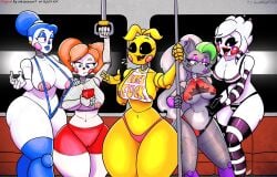 2d 2d_(artwork) 5_fingers 5girls animatronic arm_warmers armwear artist_logo artist_name artist_signature auburn_hair baby_(fnafsl) ballora ballora_(fnafsl) belly belly_button bib big_thighs bikini blue_eyes blue_hair blue_lipstick blush breasts cellphone chicken circus_baby circus_baby_(fnaf) clown clown_girl clown_nose crop_top earrings english english_text excited eyebrows eyebrows_visible_through_hair eyelashes eyeliner eyes_visible_through_hair facepaint female female_only fishnet fishnet_armwear fishnet_legwear fishnet_shirt fishnet_topwear fishnets five_nights_at_freddy's five_nights_at_freddy's:_security_breach five_nights_at_freddy's:_sister_location five_nights_at_freddy's_2 fnaf furry gloves grabbing green_hair grey_fur grey_hair grimnightxxx hair hair_bun happy large_breasts leg_warmers leggings legwear lipstick marionette_(fnaf) mascara mrchinoart navel nipple_bulge nipples_visible_through_clothing nose open_mouth orange_hair panties pants phone pole puppet_(fnaf) purple_eyes purple_lipstick red_hair red_lipstick robot robot_girl robot_humanoid roxanne_wolf_(fnaf) scottgames seat shorts sister_location skin_tight skindentation skinny sling_bikini snout snout_markings so87baby spiderjunior10 striped_bikini striped_gloves striped_hair striped_legwear striped_thighhighs subway summer_of_87_baby talking talking_to_another text thighhighs thighs thong tongue toy_chica_(fnaf) train_interior twintails underboob underwear white_body white_eyes white_hair white_skin window wolf yellow_eyes