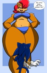 1boy 1girls animal_ears anthro archie_comics belly_button big_breasts bikini black_nose blue_body blue_eyes blue_fur blue_hair blue_skin breasts brown_body brown_fur brown_hair brown_skin chipmunk couple curvy curvy_figure dialogue eyelashes fur furry giant giantess gloves ground_squirrel hair_covering_eye hedgehog iyzeekiil looking_down mammal multicolored_hair nervous nervous_sweat open_mouth red_hair rodent sally_acorn seductive seductive_look sega short_hair simple_background sonic_(series) sonic_the_hedgehog sonic_the_hedgehog_(archie) sonic_the_hedgehog_(comics) sonic_the_hedgehog_(series) spiky_hair sweatdrop tall taller_girl text_bubble thick_thighs thighs two_tone_body