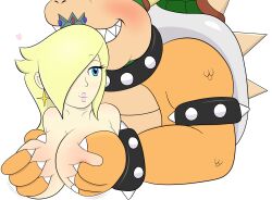 1boy 1girls big_breasts big_hands blonde_hair blue_eyes blush bowser breast_grab breast_squeeze breasts claws crown female female_on_anthro fenrirseven groping groping_breasts groping_from_behind hair_over_one_eye heart human_on_anthro interspecies male mario_(series) nintendo pink_lips pink_lipstick princess_rosalina sharp_teeth simple_background size_difference smile squeezing_breast star_earrings straight white_background