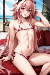 1boy ai_generated astolfo_(fate) astolfo_(saber)_(fate) beach bikini fate_(series) femboy male male_only pink_eyes pink_hair stable_diffusion trap unstable_diffusion