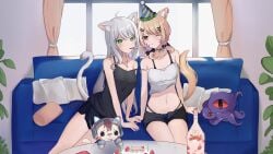 2girls ;) ahoge animal_ear_fluff animal_ears bangs bare_arms bare_shoulders black_camisole black_shorts blonde_hair breasts brown_eyes cake camisole cat_ears cat_tail catgirl character_doll choker cleavage collarbone couch crop_top curtains food fruit green_eyes grey_hair hair_between_eyes hair_ornament hairclip holding indoors long_hair looking_at_viewer medium_breasts midriff mouth_hold multicolored_hair multiple_girls navel one_eye_closed plant potted_plant red_eyes shirt short_shorts shorts silver_hair sitting sleeveless smile spaghetti_strap squchan_(vtuber) standing stomach strap_slip stuffed_animal stuffed_toy table tail thighs twintails very_long_hair virtual_youtuber vyugen white_hair window