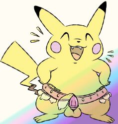 ^_^ anthro balls belt bodily_fluids closed_eyes condom cum erection filled_condom fur generation_1_pokemon genital_fluids genitals humanoid male mincheeto nintendo non-human penis pikachu pokemon pokemon_(species) sexual_barrier_device smile solo yellow_body yellow_fur