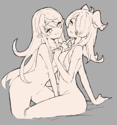 2girls assertive_female elira_pendora hair_over_one_eye hand_on_chin head_wings monochrome naked navel nijisanji nijisanji_en nude nude_female pointy_ears pomu_rainpuff seion sitting sketch virtual_youtuber yuri