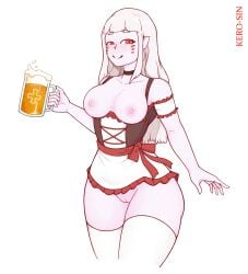 1girls barmaid beer beer_mug beverage breasts breasts breasts_out commission corset dirndl german_clothes germany kerosin maid nipples oktoberfest original_character pink_skin pussy pussy_peek red_eyes stockings tavern_wench thick_thighs waitress white_hair