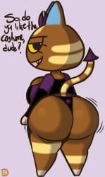 animal_crossing anthro ass ass_focus big_ass bubble_butt clothed clothing demon_girl dialogue english_text felid feline felis female fur furry furry_only katt_(animal_crossing) klutzatdusk looking_at_viewer looking_back nintendo seductive seductive_smile shortstack skimpy solo tail text thick_thighs