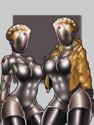 2girls atomic_heart belly_sex big_breasts female_only left_(atomic_heart) navel right_(atomic_heart) robot robot_girl short_hair the_twins_(atomic_heart) thick_thighs wide_hips