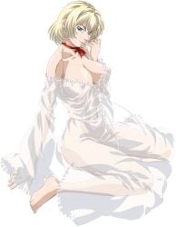 1girls 2d 2d_(artwork) anime_character bible_black blonde_female blonde_hair blonde_hair_blue_eyes blonde_hair_female blue_eyes breasts busty female female_only jody_crowley large_breasts looking_at_viewer neck_length_hair necklace nipples no_bra no_panties no_shoes pale-skinned_female pale_skin parted_lips red_ribbon ribbon_choker seductive seductive_smile shin_bible_black short_hair sitting solo solo_female thighs translucent_clothing translucent_dress transparent_background voluptuous voluptuous_female white_dress