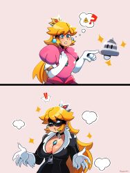 alternate_version_available big_breasts black_cat_(cosplay) blonde_hair bodysuit breasts cat_bell cleavage cosplay crown domino_mask dress gloves mario_(series) marvel mask nintendo princess_peach spider-man_(series) super_bell super_mario_3d_world thegreyzen transformation