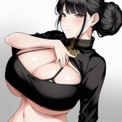 1girls ai_generated artist_request big_breasts black_hair breasts crop_top female hair_buns lifting_shirt roblox roblox_avatar robloxian source_request tagme
