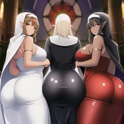 3girls ai_generated ass ass_focus ass_in_dress big_ass big_breasts breasts brown_hair church curvy curvy_body curvy_female curvy_figure dark-skinned_female dark_elf elf_female female female_only light-skinned_female looking_at_viewer looking_back nun pointy_ears red_eyes red_highlights silver_hair white_hair